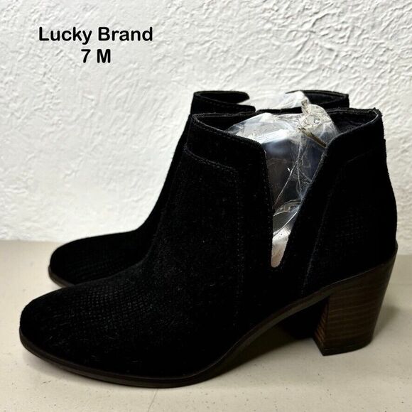 Lucky Brand Ponic Black Suede Zip Mid Block Heel‎ Ankle Bootie Womens Size 7 M - Picture 1 of 12